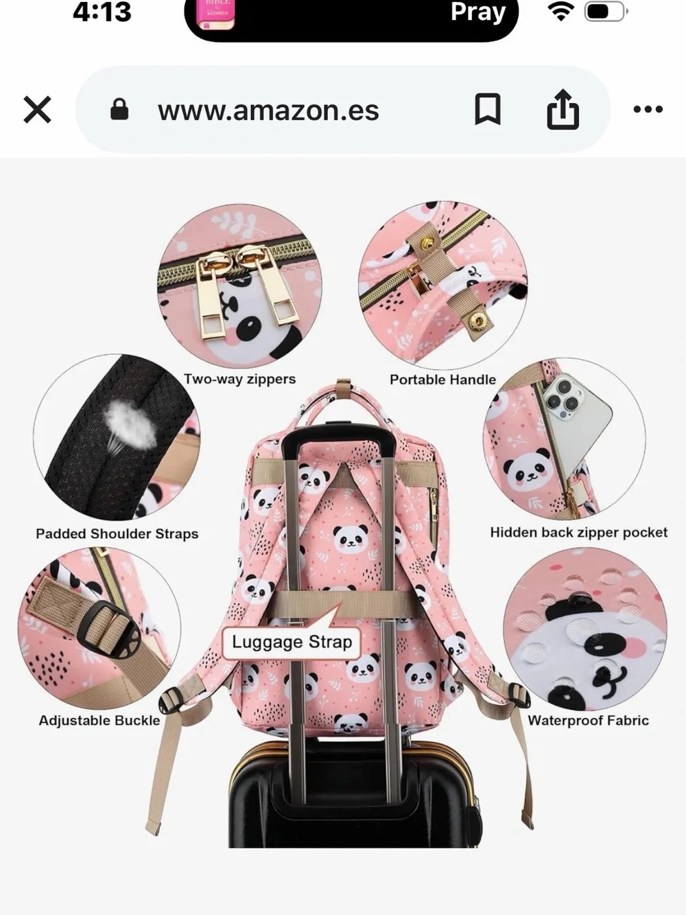 Kids Panda Print Backpack - Pink